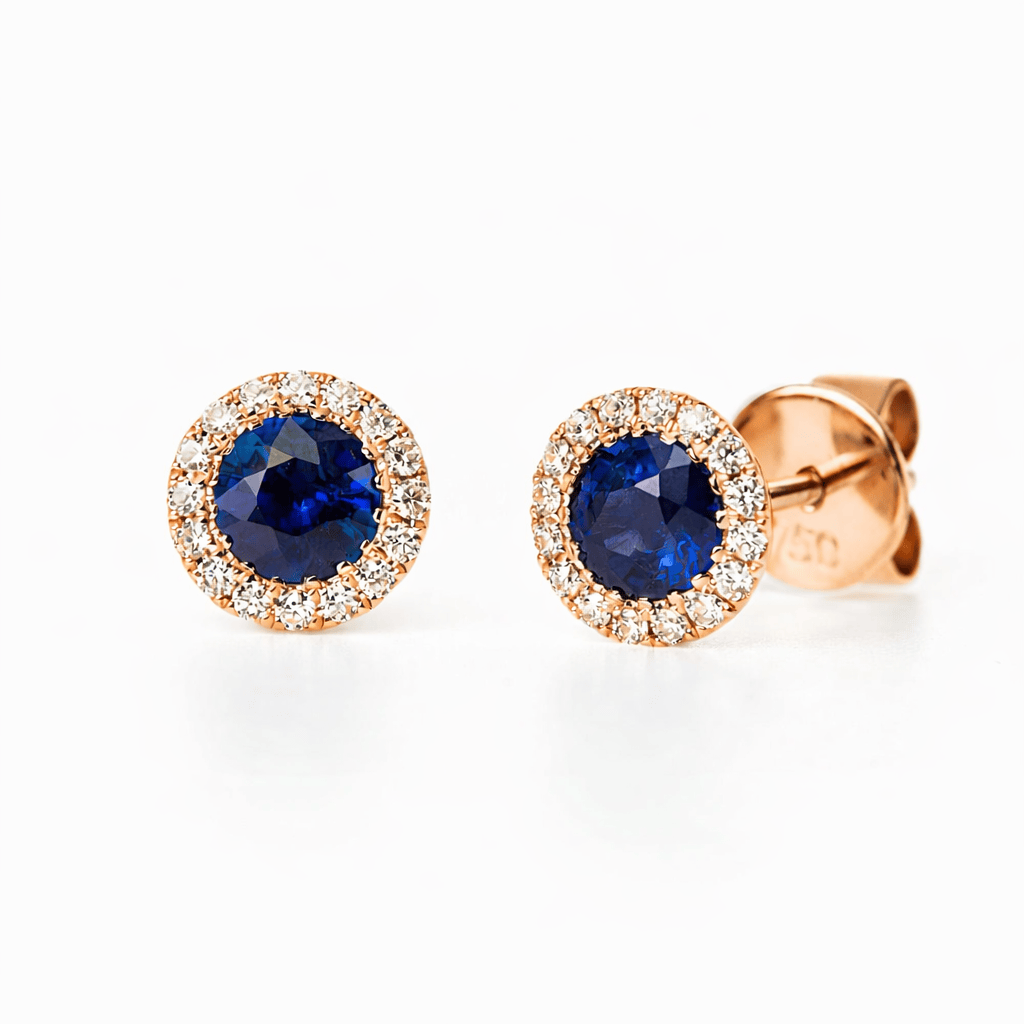 蓝色蓝宝石镶钻石光环耳环