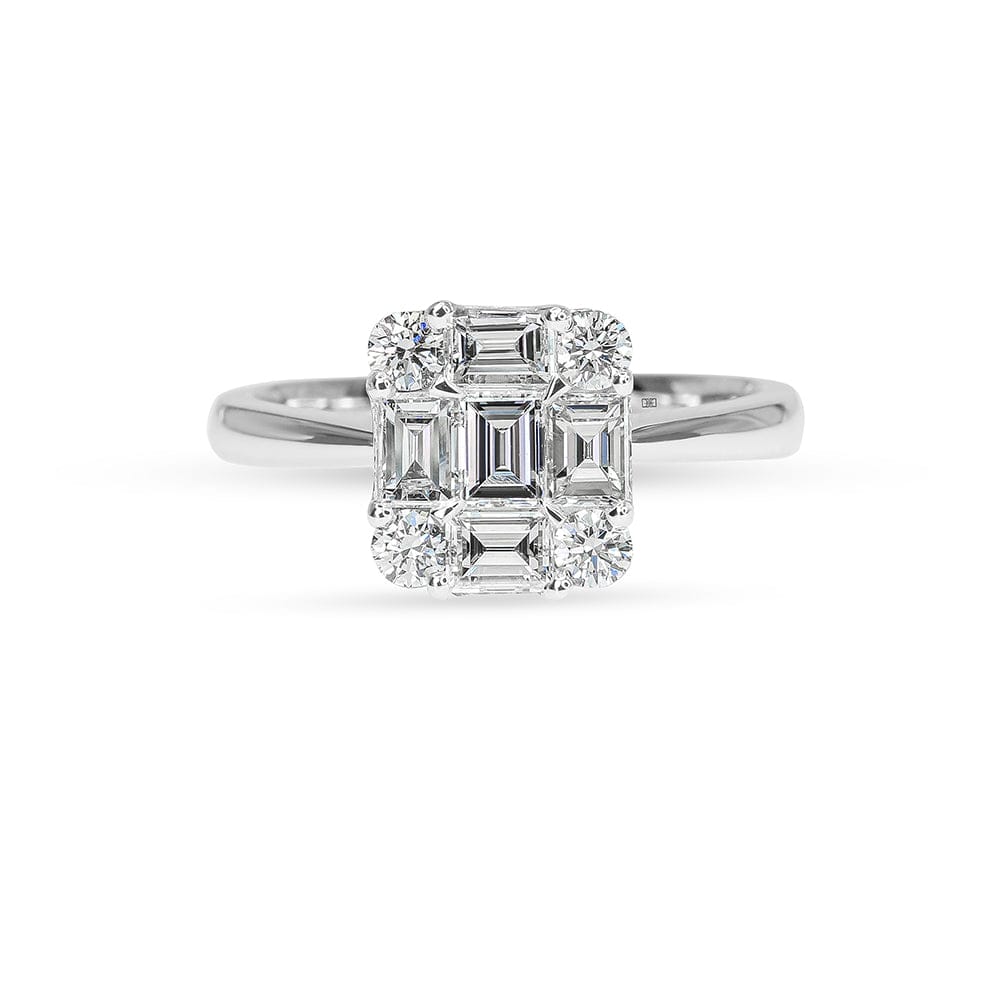 Emerald Cluster Round & Baguette Diamond Ring