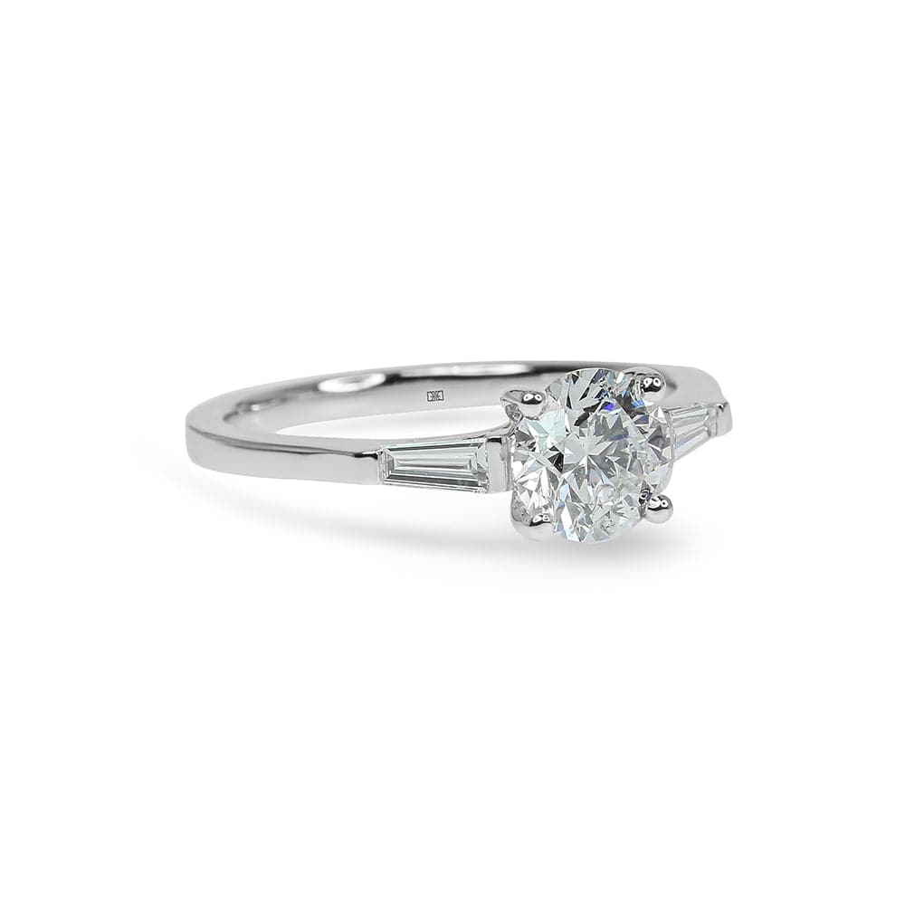 Lab Grown Victoria Tri-Stone Tapered Baguette Round Engagement Ring