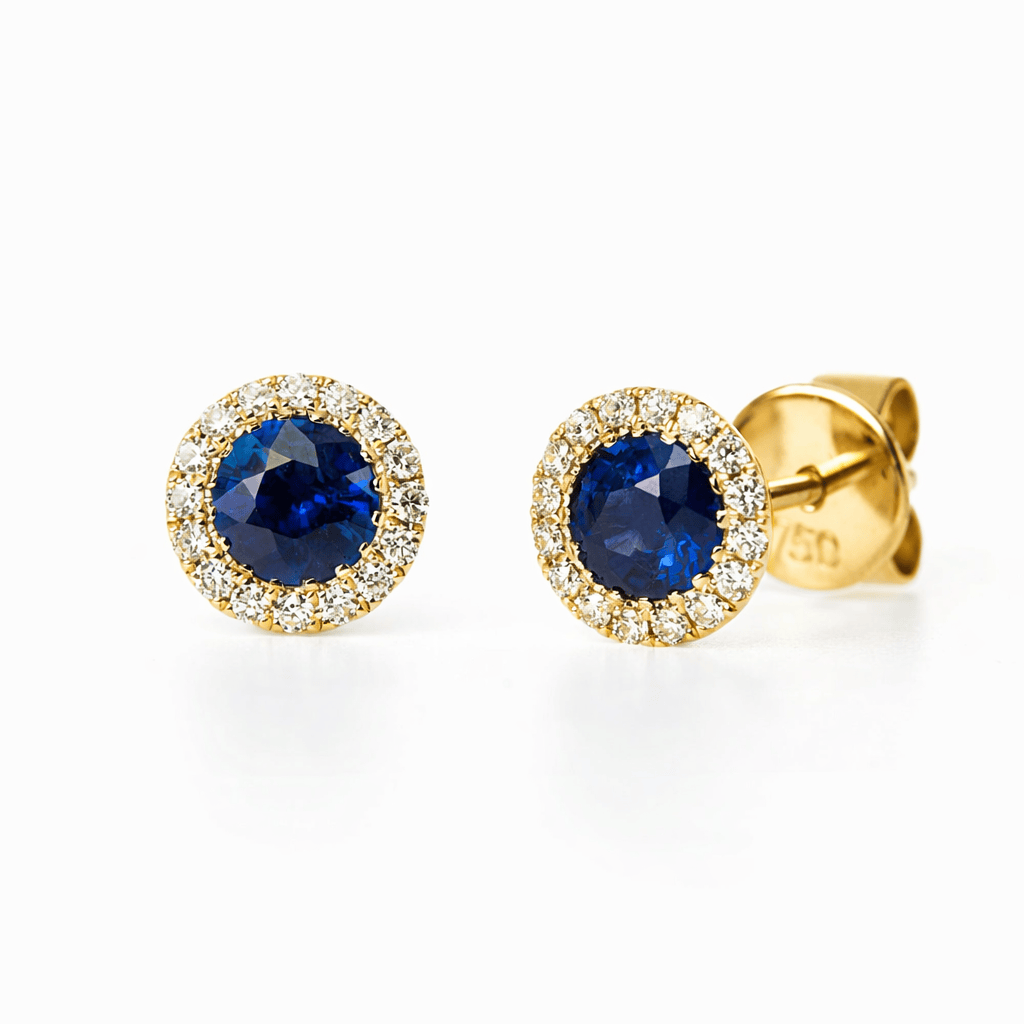 蓝色蓝宝石镶钻石光环耳环