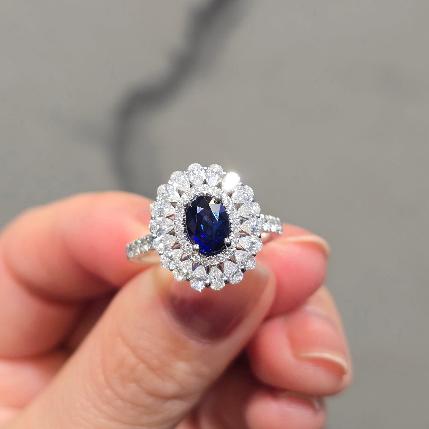 Oval Sapphire & Pear Diamond Halo Ring